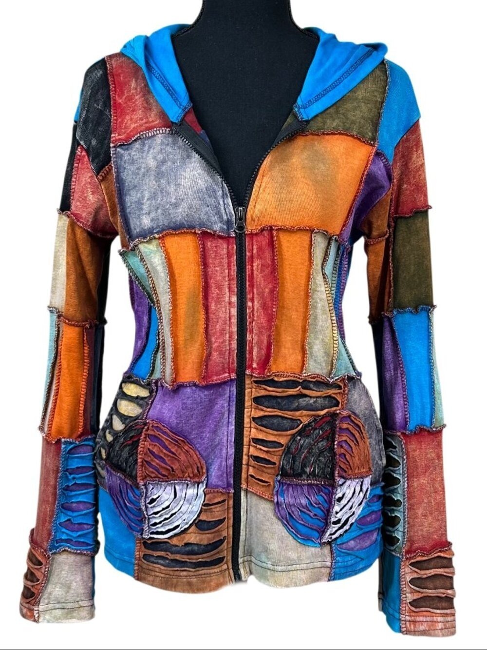 India Boutique Y2K Cotton Patchwork Hippy Hoodie Jacket Size M - Picture 1 of 11